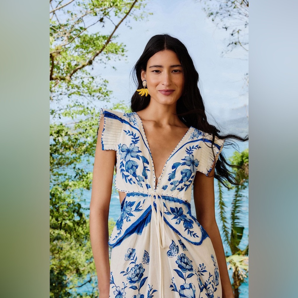 Farm Rio: Off-White Porcelain Garden Butterlfy Lenzing Midi Dress - Picture 5 of 10